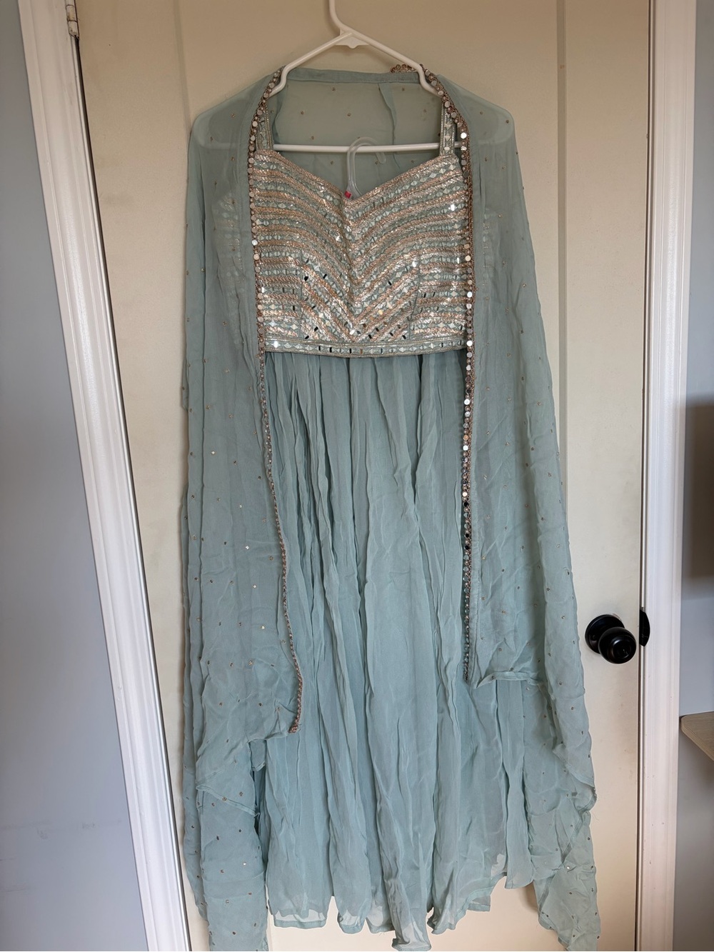 Never worn Sequined Pale Blue 3-piece Palazzo Pants with Jacket - Indian Clothes
